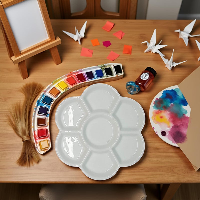 Zhuluck White Round Watercolor Paint Palette Tray Water Color Palletes Washable Paint Ceramic Paint Palette Porcelain Watercolor Palette for Watercolor Gouache Acrylic Oil Painting (7-Hole) - Image 4